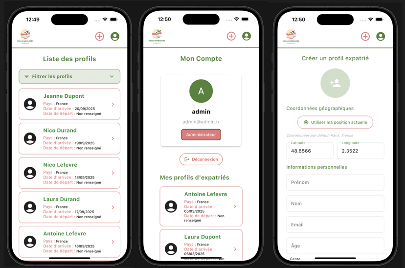 Screenshots of the Hello Worlders application